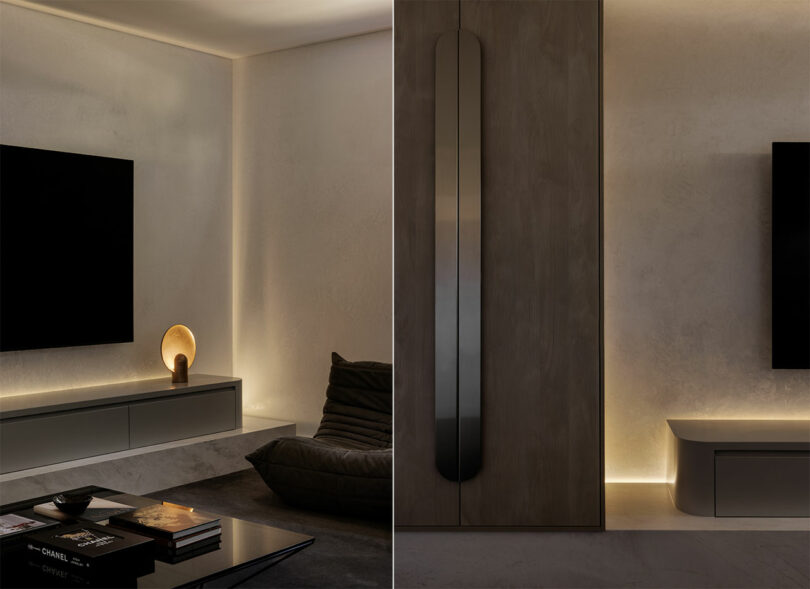 A minimalist living room with a wall-mounted TV, modern furniture, ambient lighting, and a small lamp.