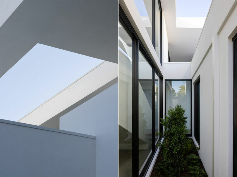 Split image showing modern architecture: Left side highlights geometric roof lines against a clear sky; right side shows a minimalistic courtyard with large windows and green plants.