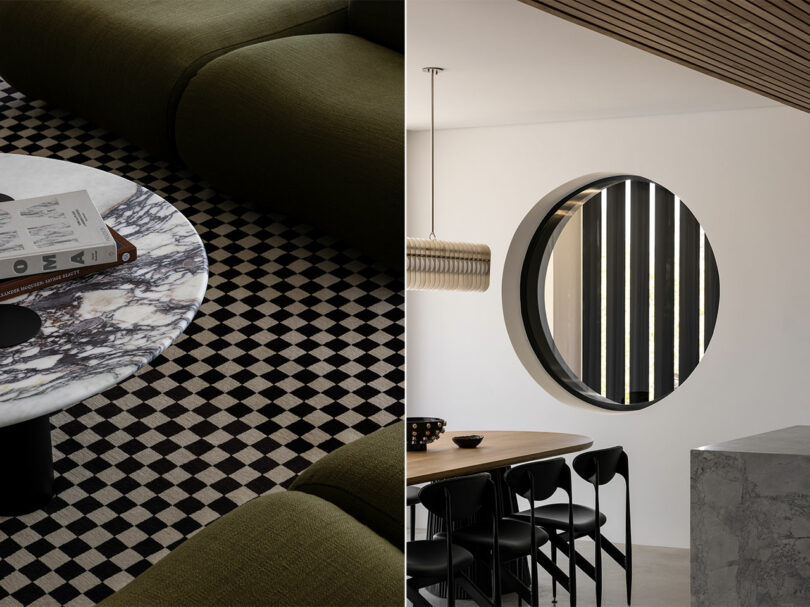 Split-screen image: Left shows a green couch and a round marble-topped table on a checkered rug with a book on it. Right shows a dining area with a round window, modern chairs, and a wooden table.
