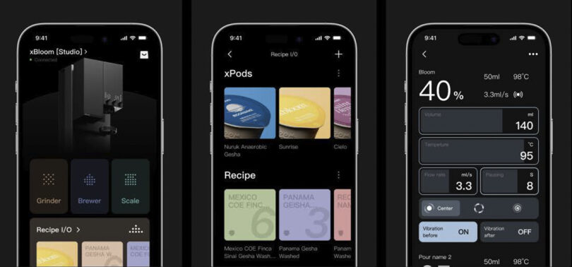 Three smartphones displaying different xBloom Studio coffee maker app interfaces with timers, temperature controls, and recipe options.