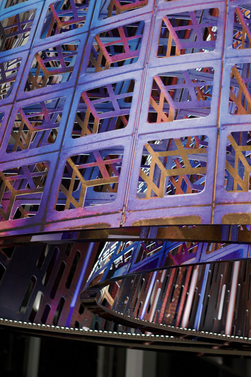 details of a colorful public art installation made of metal panels