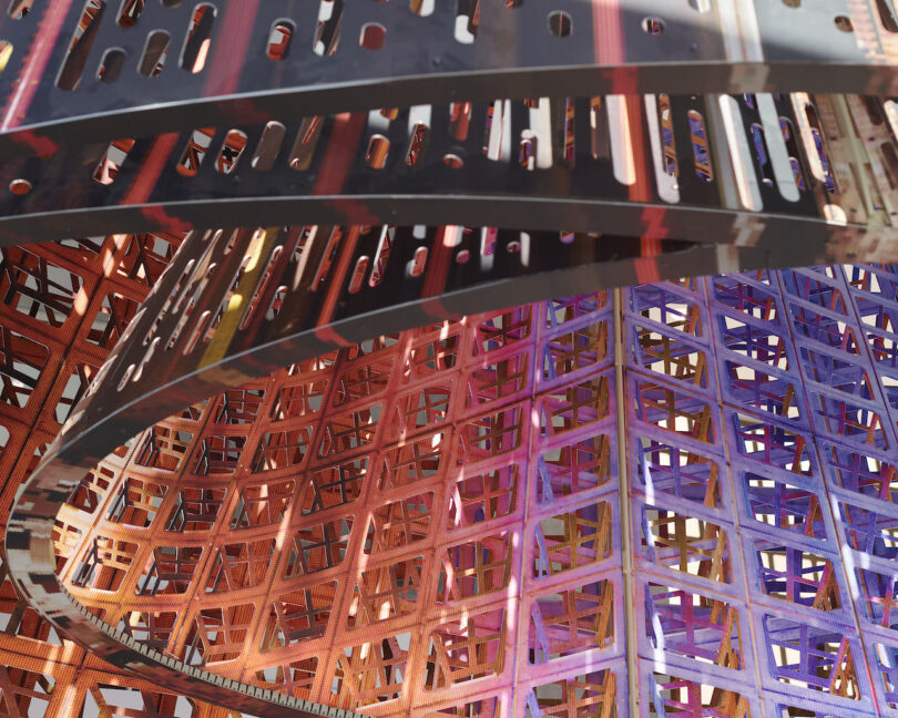 details of a colorful public art installation made of metal panels