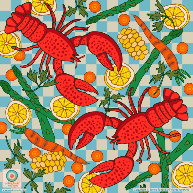 Illustration of two red lobsters surrounded by lemon slices, corn, carrots, and green beans, set on a blue checkered background