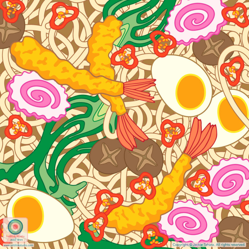 Illustration of a patterned background featuring various Japanese cuisine elements such as tempura shrimp, boiled eggs, mushrooms, and vegetables