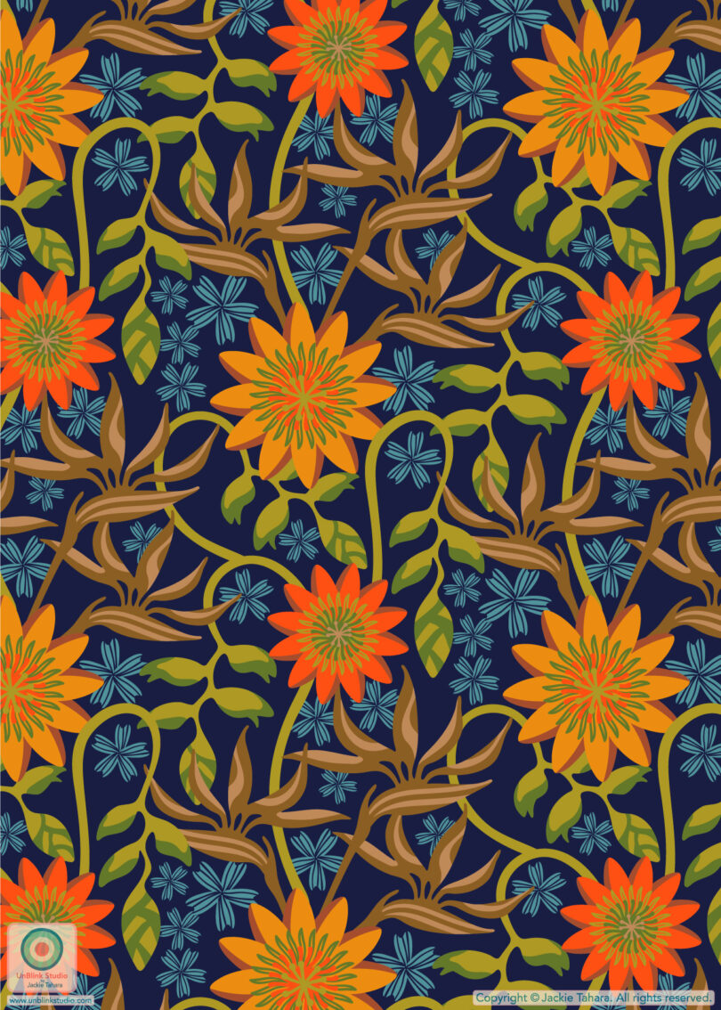 A floral pattern featuring large orange and yellow flowers with green leaves and intertwined branches, set against a dark blue background with small blue flowers