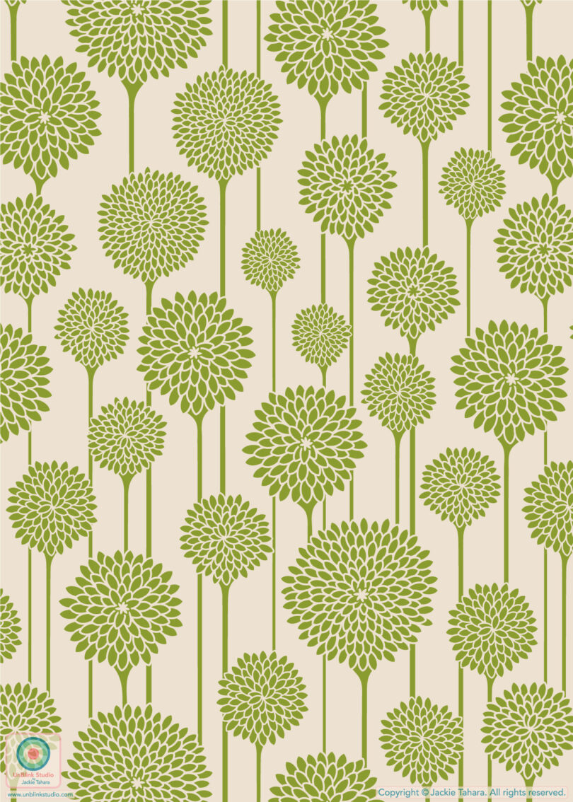A repeating pattern of green dahlia-like flowers with stems on a beige background