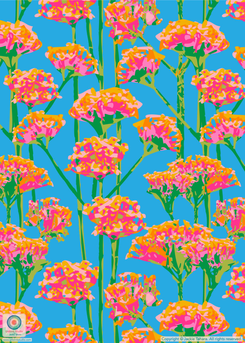 A vibrant pattern featuring pink and orange flowers with green stems against a bright blue background