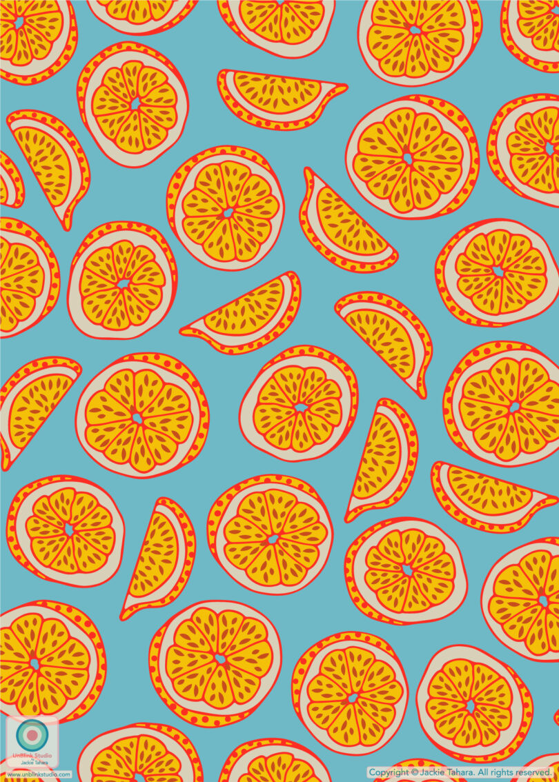 Patterned illustration of variously cut orange slices on a light blue background