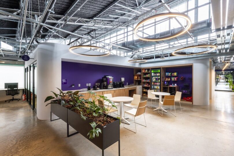 Modern office break area with purple walls, circular lighting fixtures, and a snack bar. Plants and seating tables in the foreground, open ceiling design