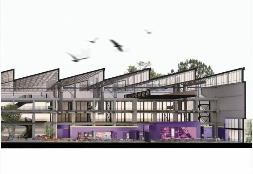 Cross-sectional architectural rendering of a modern multi-story building with transparent sections showing interior details and birds flying above