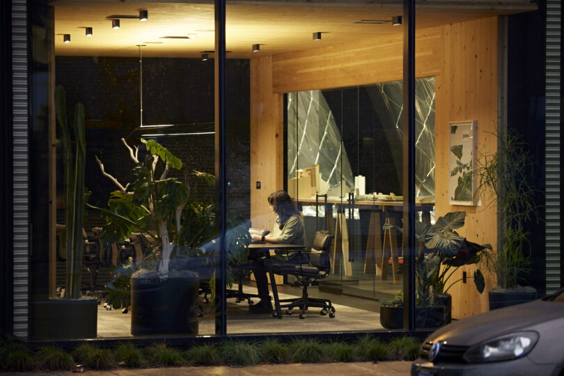 A person working late at night in a modern office with glass walls and wooden panels, surrounded by indoor plants