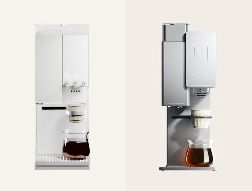 Side by side comparison of the xBloom Studio coffee maker and original xBloom showing subtle differences in form and function, both featuring integrated coffee grinders and carafes, against a light background.