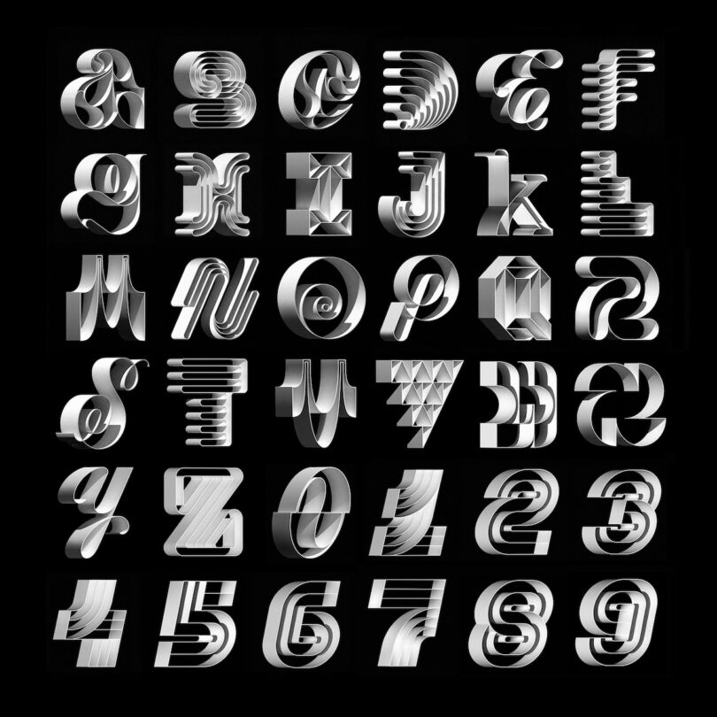 Black and white image featuring 26 stylistic, three-dimensional letters of the alphabet and digits 0 through 9, displayed in a grid against a black background