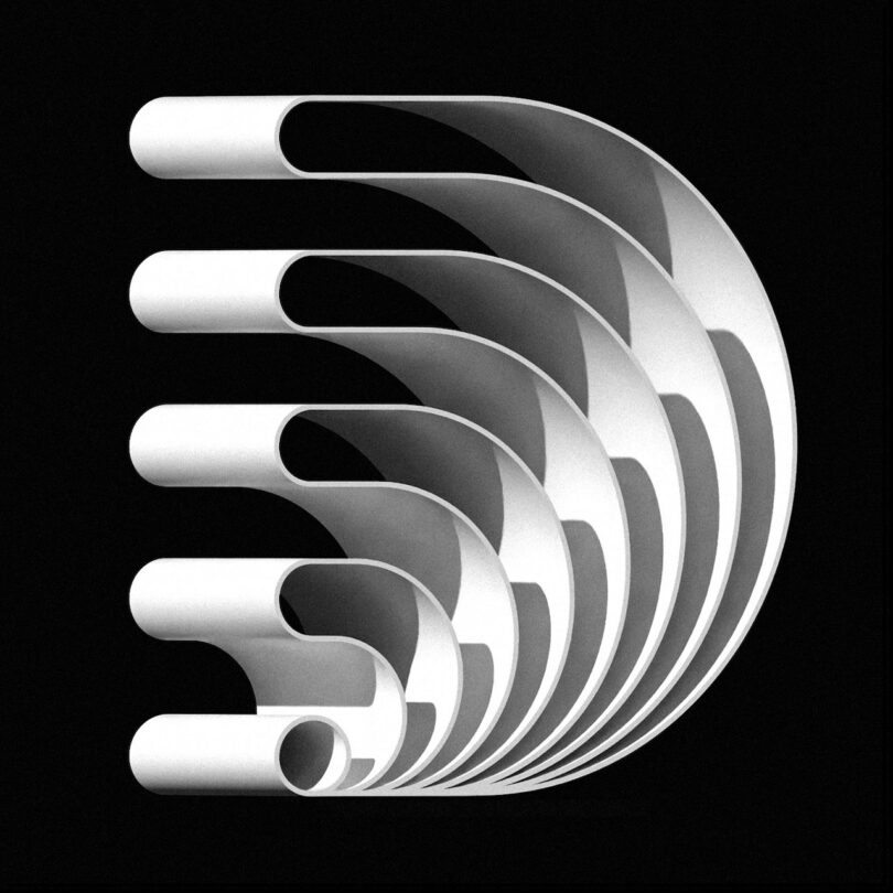 A minimalist, abstract white D consisting of curved, tubular shapes arranged in a layered, repetitive pattern on a black background.