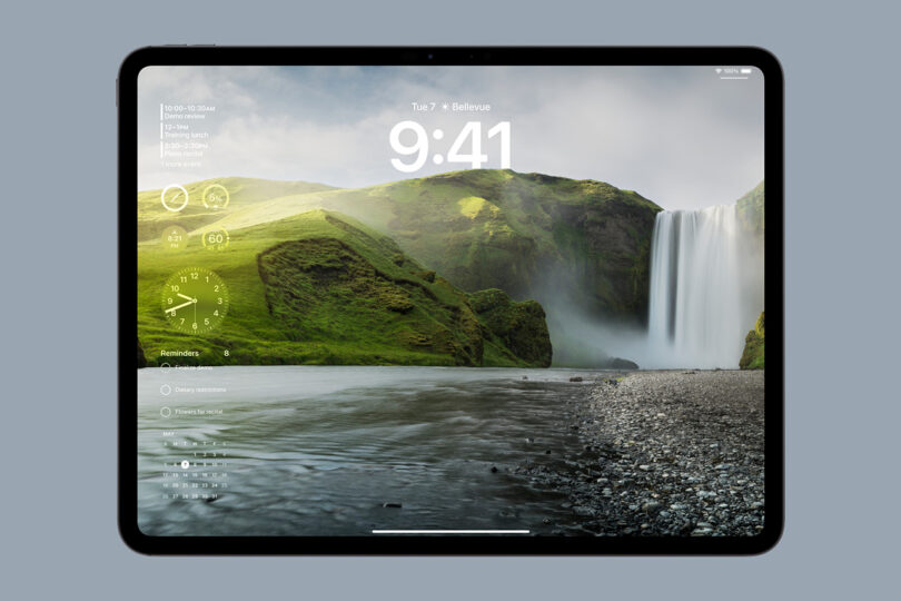 An Apple iPad Pro screen displays the time (9:41), date (Tue 7), a scenic wallpaper featuring a waterfall, and various widgets for weather, activity, and reminders on the left side.