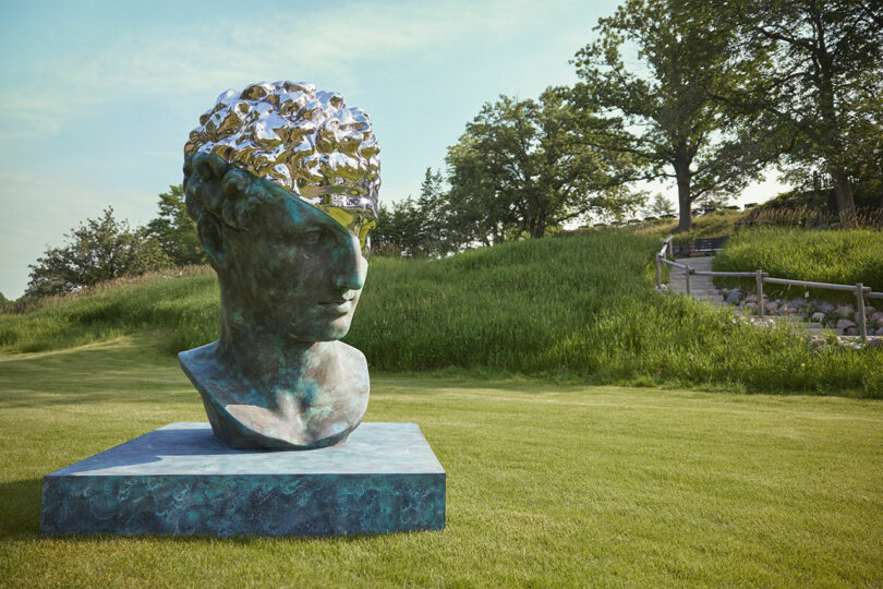 A large bronze bust with a reflective, fragmented surface on the top of the head, set on a grassy lawn with trees and a stone staircase in the background.