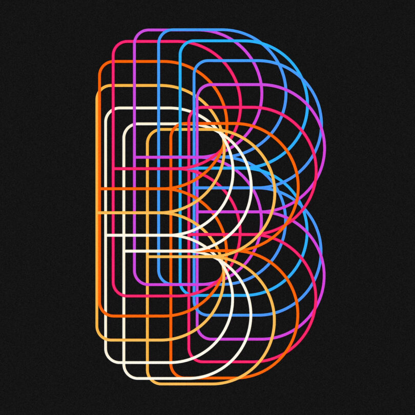 Colorful, intertwining geometric lines create the shape of the letter "B" on a black background.