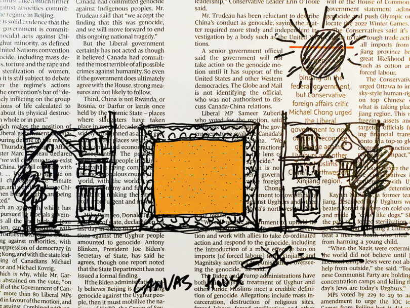A doodle of two houses and a house-shaped picture frame on a newspaper page.