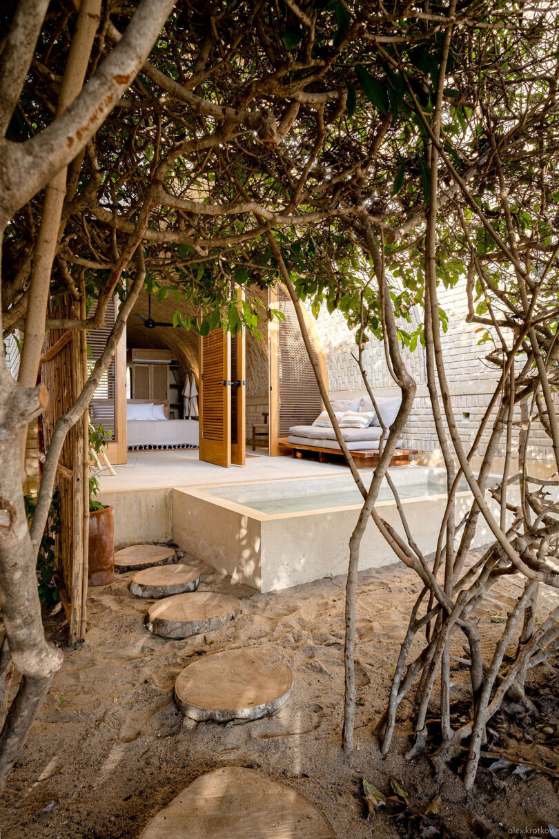 A sandy path with wooden stepping stones leads to a cozy open wooden cabin surrounded by foliage, revealing a bed and a small deck with a lounging chair, reminiscent of the serene retreats in Oaxaca, Mexico.