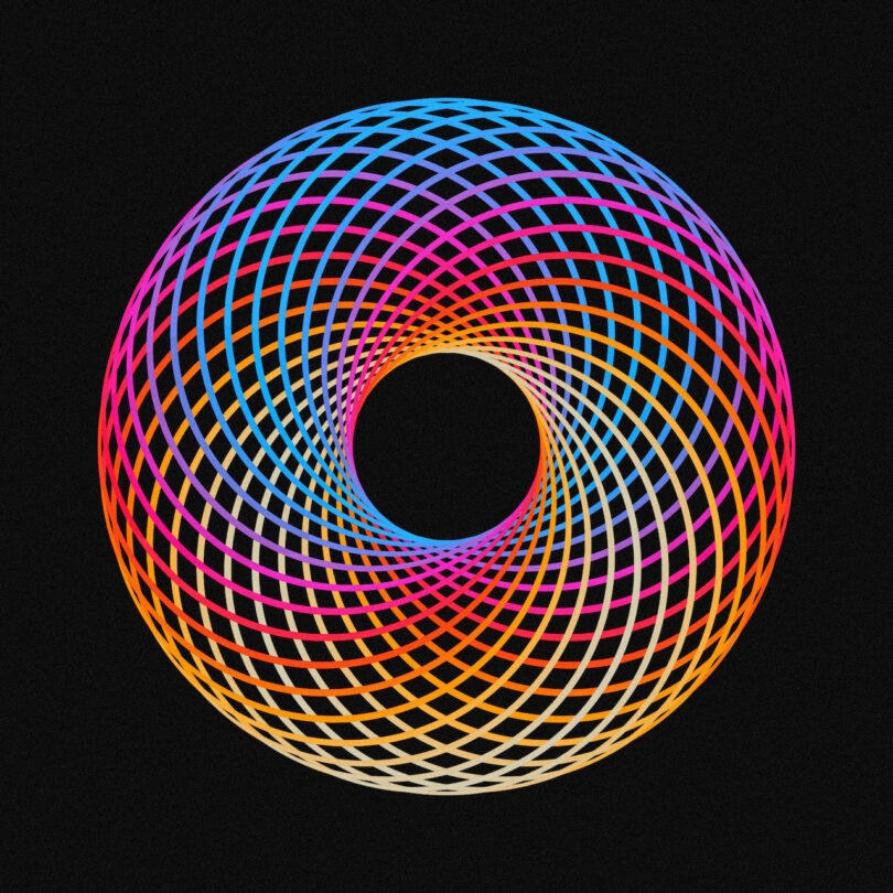 A geometric design featuring an intricate, colorful circular pattern against a black background. The pattern consists of interwoven lines forming a symmetrical, pulsating effect.
