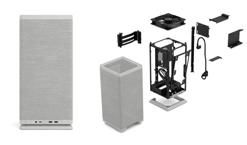 Side by side images of the Fractal Design gaming PC case shown from the front view and exploded view of its interior frame components.