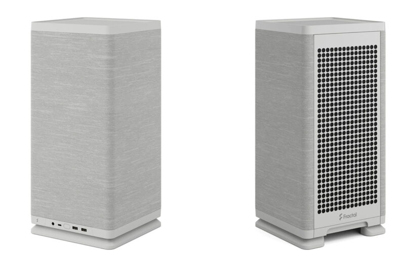 Side by side images of the front and back view of the Fractal Design Mood gaming PC case revealing its venting. 