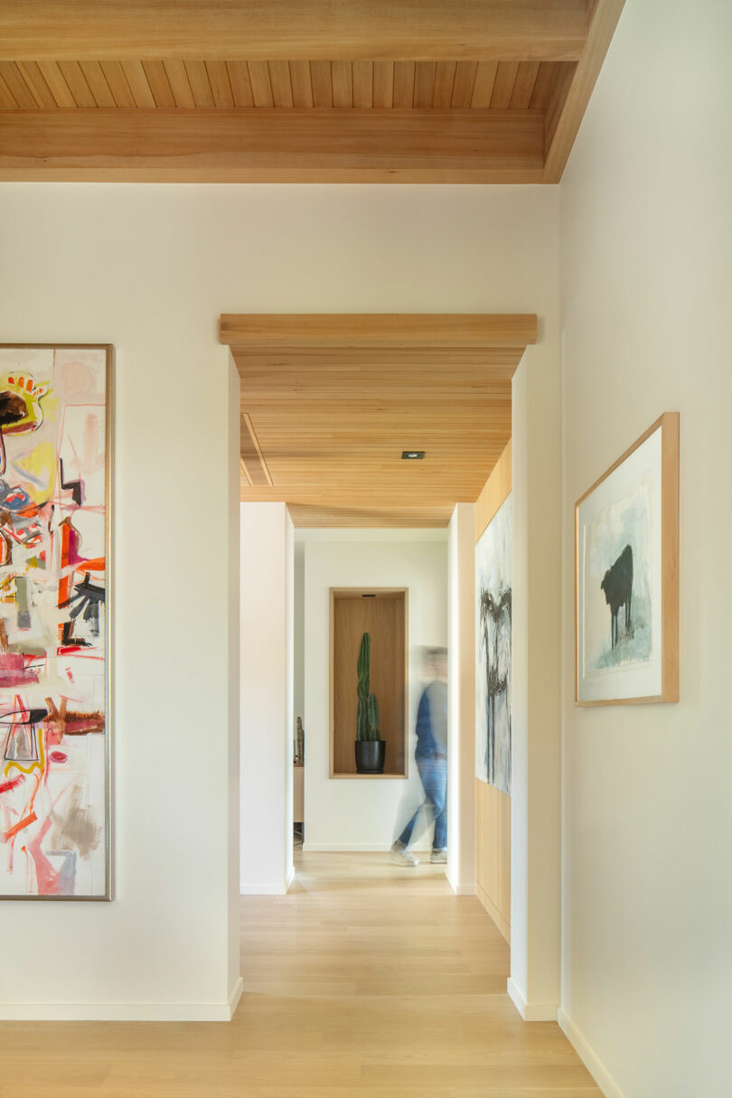 A hallway with wooden ceiling and floor, white walls adorned with abstract artworks, and a blurred figure walking in the background near a tall green plant.