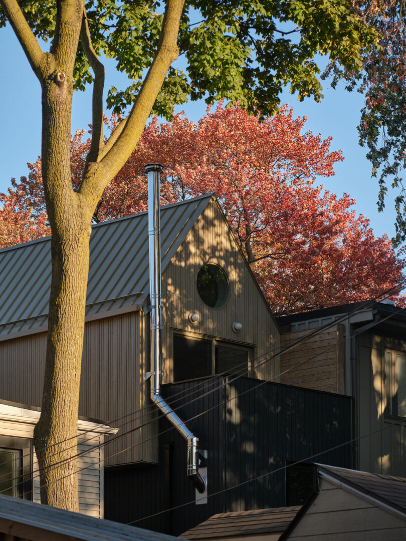 A modern home with a metal chimney is surrounded by trees with orange autumn foliage under a clear blue sky. The house features a small round window and a sloped metal roof.