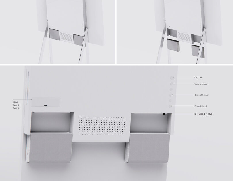 Two close-ups of the lower section of a modern, minimalist LG FLOW concept television design revealing its pair of detachable wireless surround speakers. The third image reveals the set's input and output ports with labels.