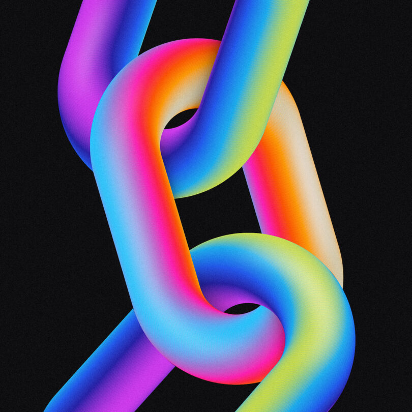 A digital illustration of interconnected chain links in vibrant rainbow colors against a black background