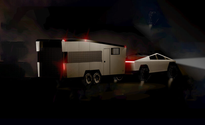 A sleek, futuristic electric truck with angular design tows a modern, compact CyberTrailer in a dimly lit environment, with headlights illuminating the way.