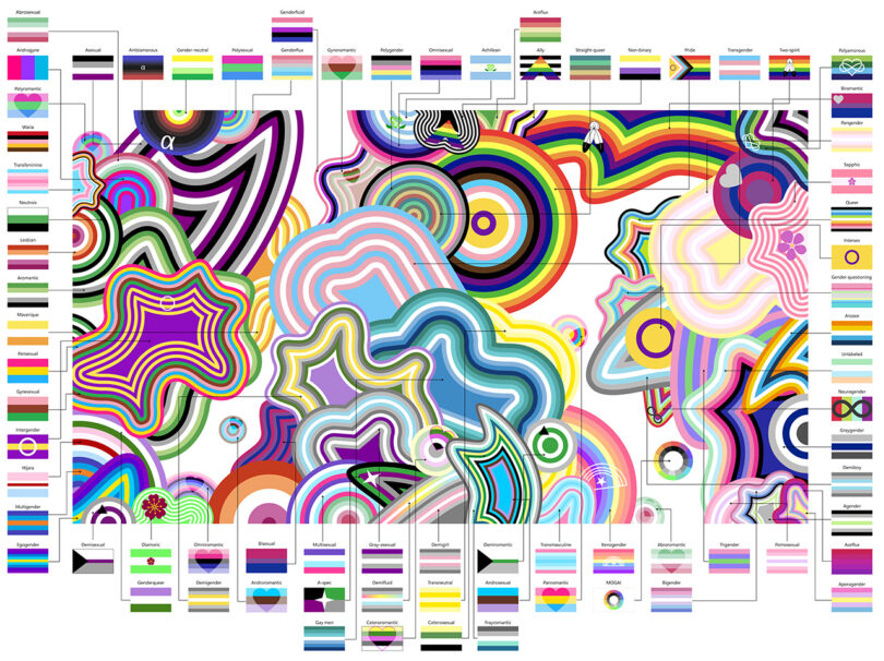 A vibrant, abstract image features a colorful, swirling pattern in the center and an array of various flags representing different identities arranged in a grid around the border.