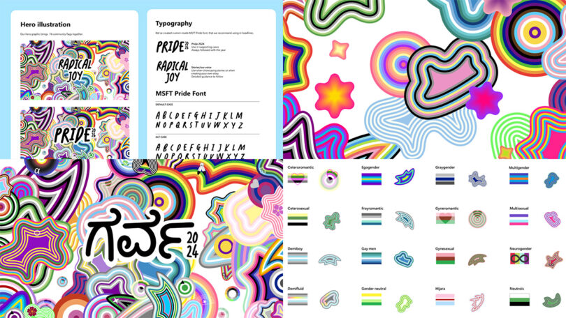 Colorful graphic design showcasing various elements including typography, abstract shapes, and vibrant illustrations, with the text "RADICAL PRIDE" and "2024" prominently displayed.