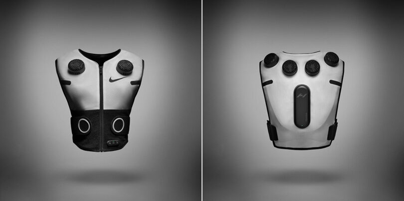 Front and back views of the Nike x Hyperice wearable cooling vest, featuring multiple cooling units and a minimalist design with a black and white color scheme. 