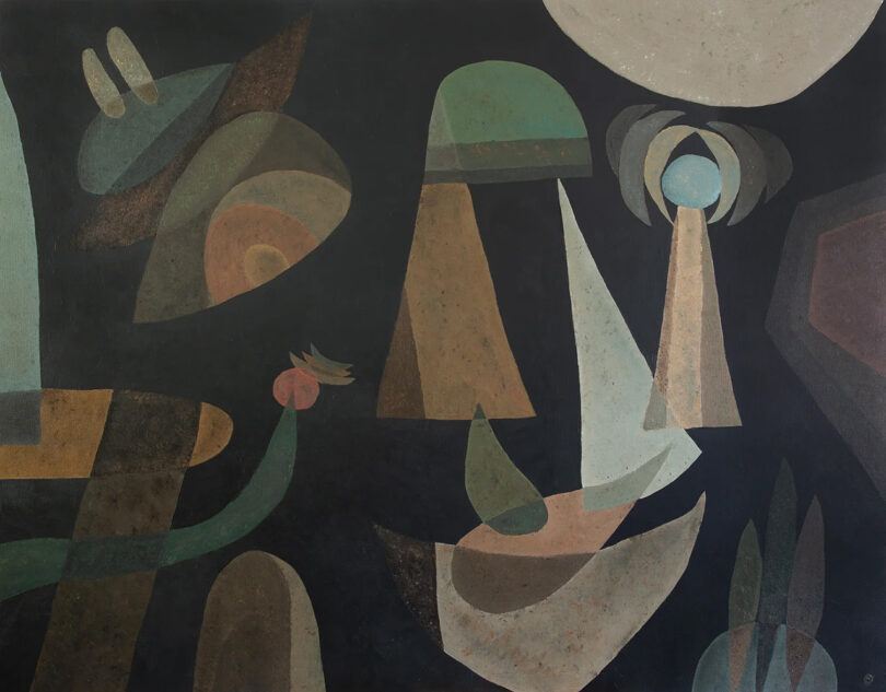 Abstract painting with geometric and organic shapes in earthy tones against a dark background. Shapes include cones, ovals, and lines, creating a dynamic and layered composition.