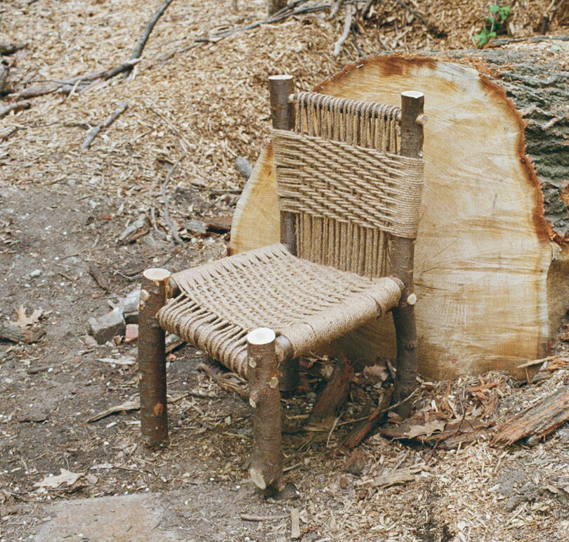 A chair made of woven rope and branches is placed on the ground beside a large tree stump in a wooded area.
