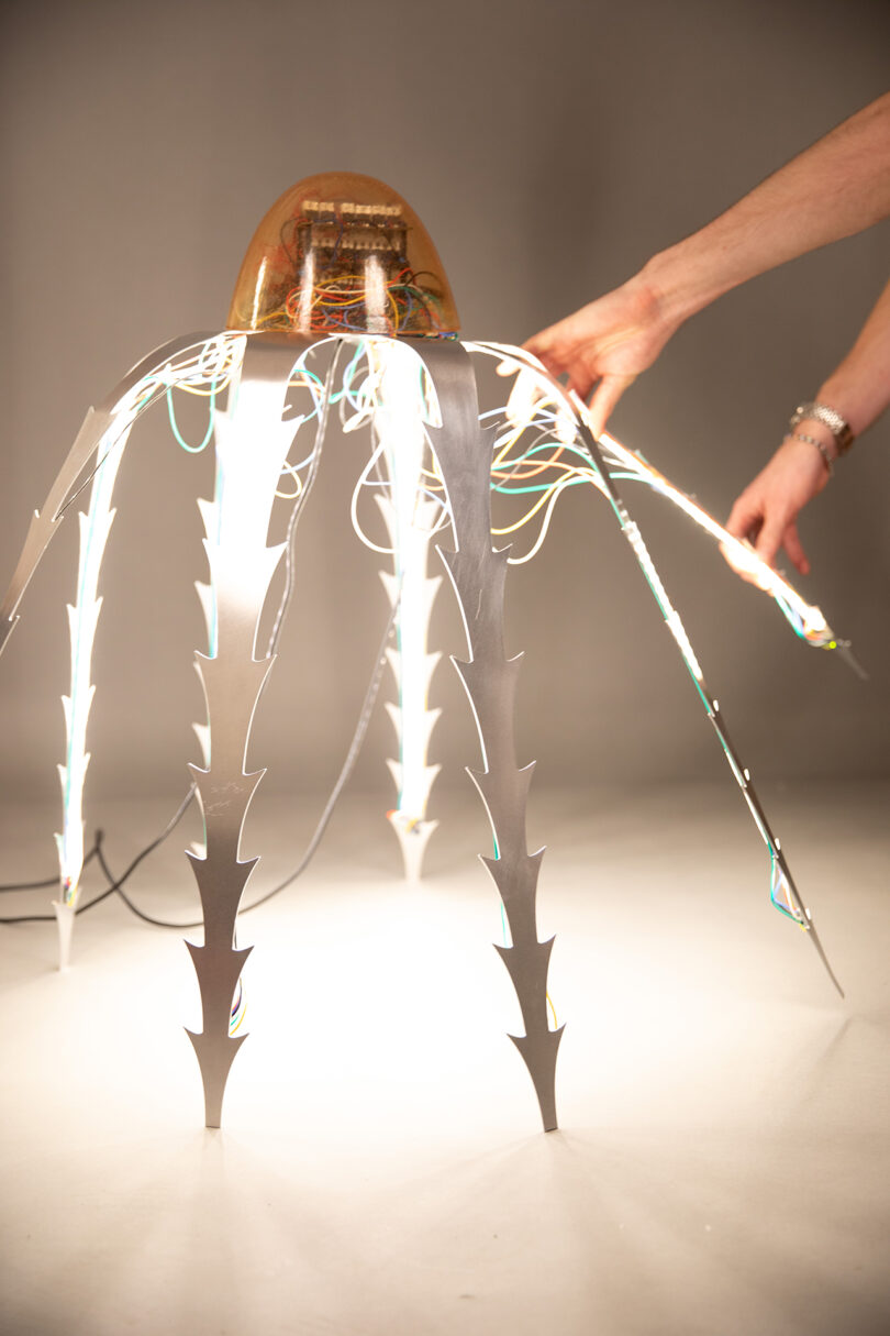 A person adjusting a light with tentacle-like arms, featuring exposed electronics under a dome at the top, illuminated.