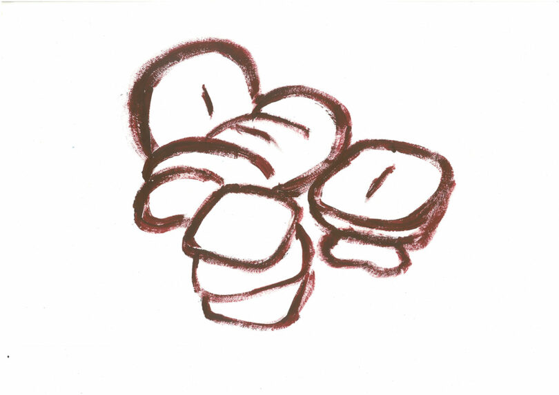 Impressionistic drawing of several stacked bread rolls outlined in brown.