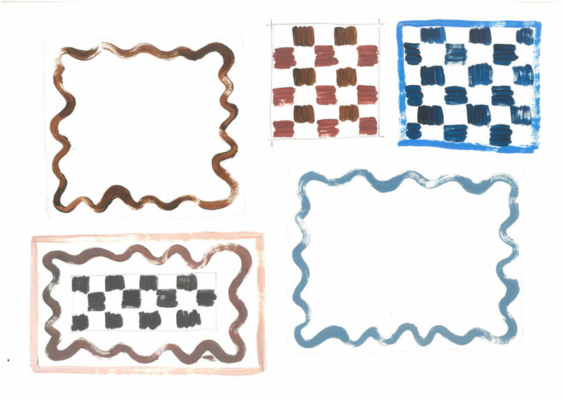 A collection of abstract rectangular shapes and checkerboard patterns, featuring wavy borders in brown and blue hues, arranged on a white background.