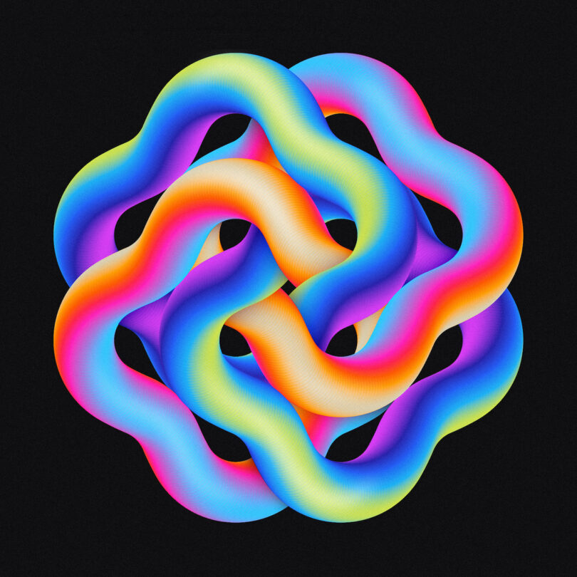 A complex geometric shape features intertwined, wavy bands in bright rainbow colors set against a black background