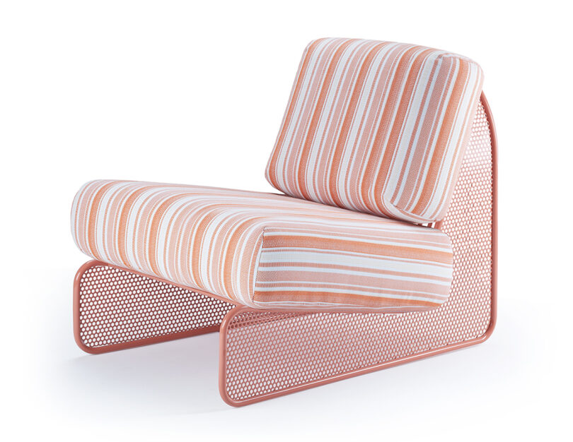 A modern chair with a striped cushioned seat and backrest, supported by a perforated metal frame in a continuous loop design. The fabric features orange and white stripes.
