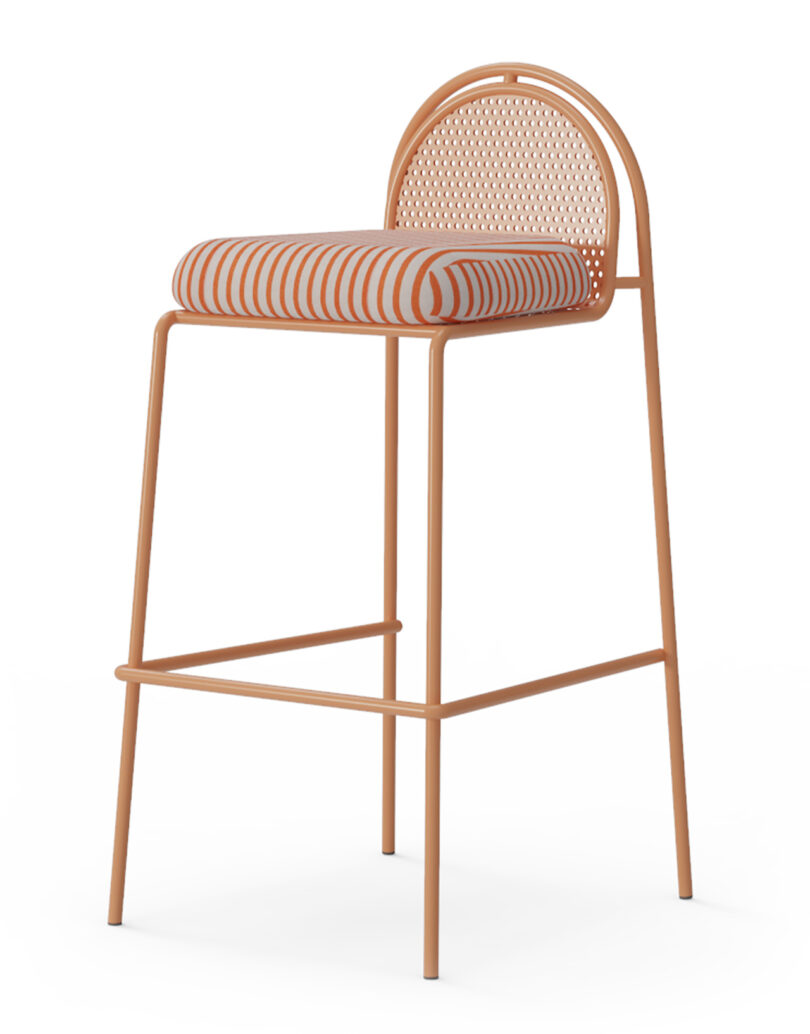 A tall bar stool with a metal frame, featuring a circular backrest and a padded seat with red and white striped upholstery.