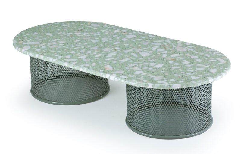 A green marble coffee table with a rounded rectangular top and two cylindrical, perforated metal bases.