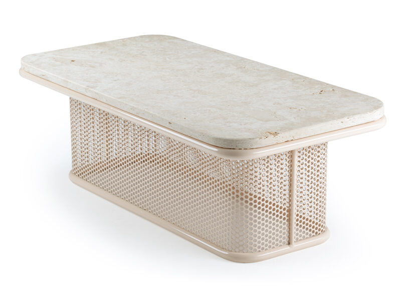 Rectangular coffee table with a marble top and a perforated metal base in a light color.