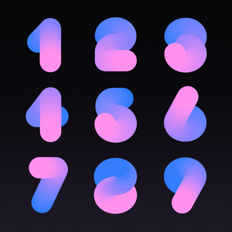 Gradient numbers 1 to 9 in pink and blue, arranged in a 3x3 grid on a black background