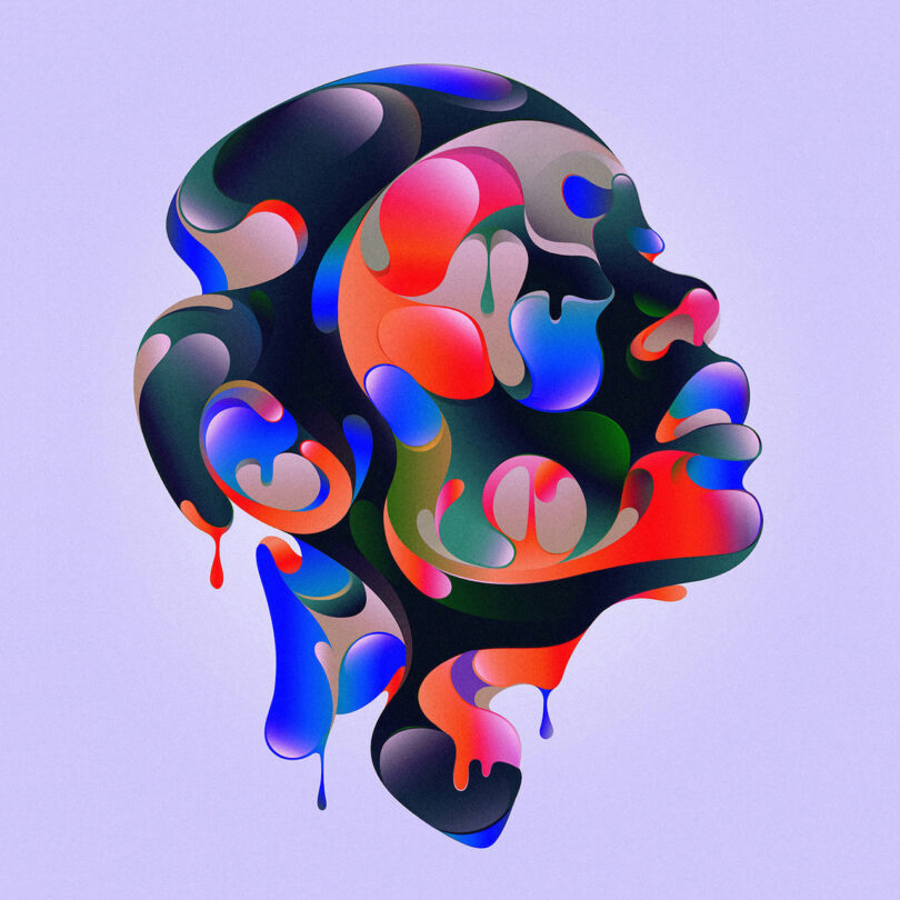 Abstract illustration of a human head in profile made up of colorful, flowing shapes against a light purple background