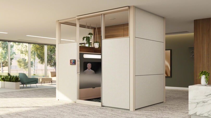 Steelcase and Logitech developed Ocular View video conferencing booth set in an office environment with simulated screen of a participant waiting to connect.