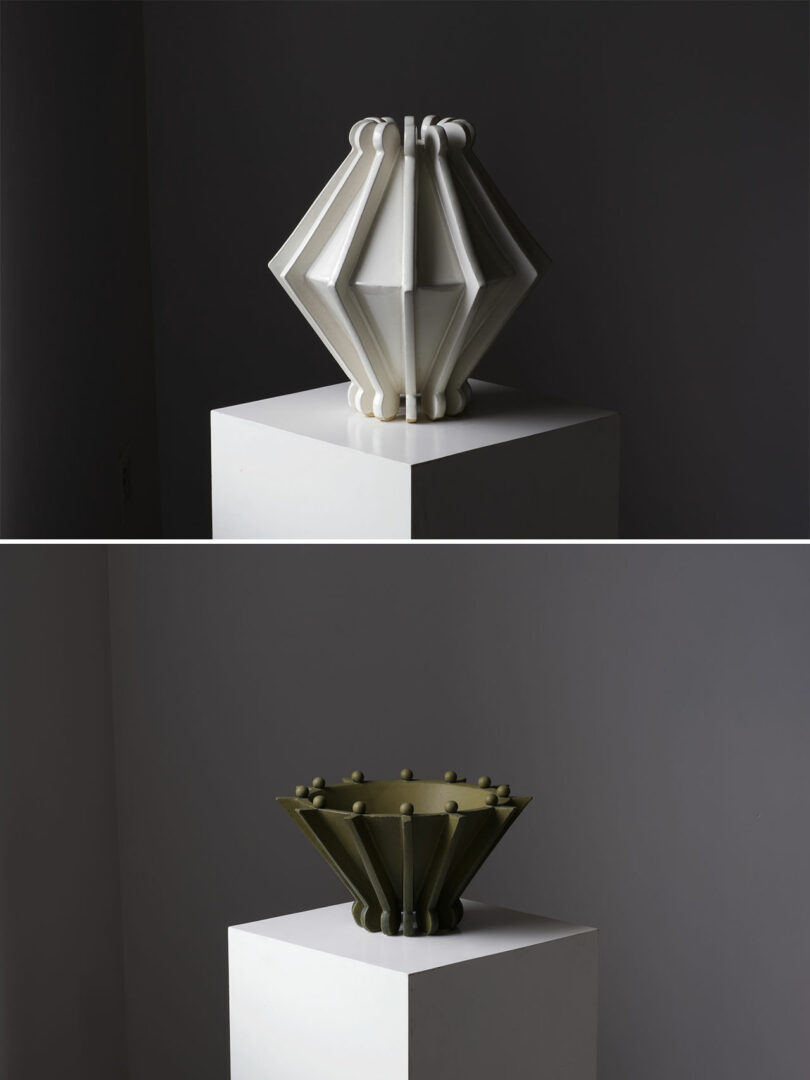 Two images stacked featuring two ceramic objects, top in white and the bottom bowl in dark green