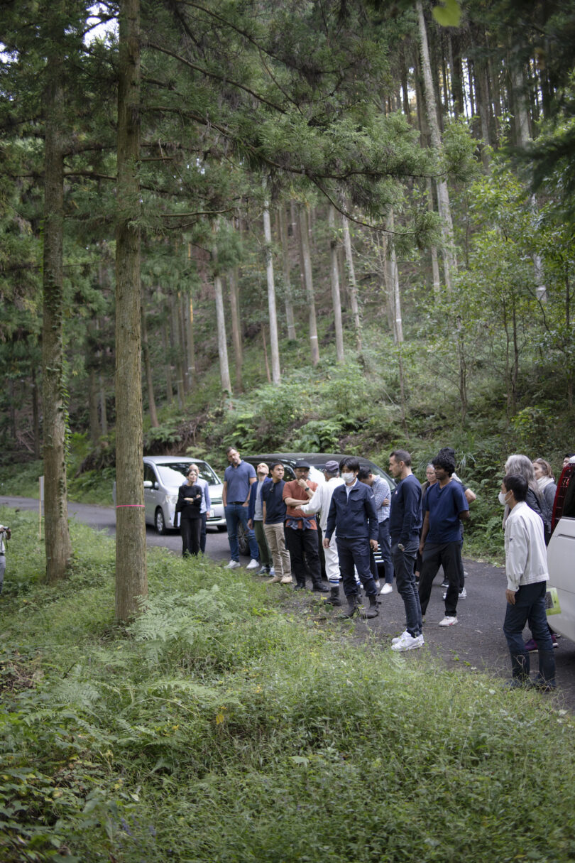 A group of people stand on a path in a forested area with cars parked nearby