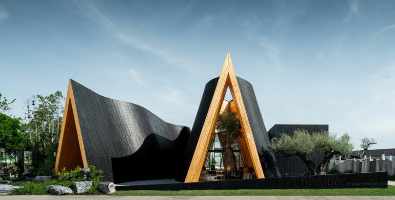 Modern building with distinct triangular wooden peaks and black walls, surrounded by greenery and a clear sky. The structure features large windows and a minimalist design.